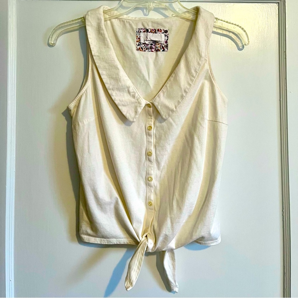 Anthropologie Cream Button Tie-Front Tank with Vintage-inspired Sailor Collar